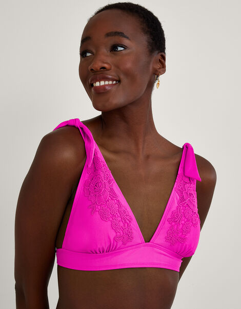 Lace Trim Bikini Top with Recycled Polyester, Pink (PINK), large