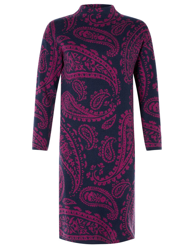 Paisley Jacquard Knit Dress, Blue (NAVY), large