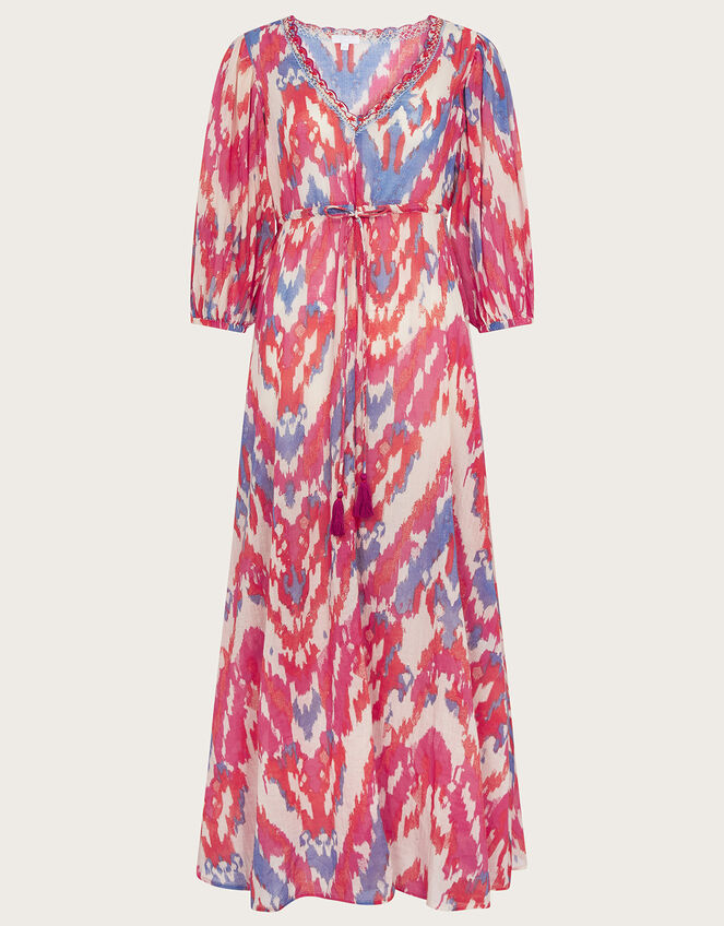 Ikat Print Maxi Dress in Sustainable Cotton, Pink (PINK), large