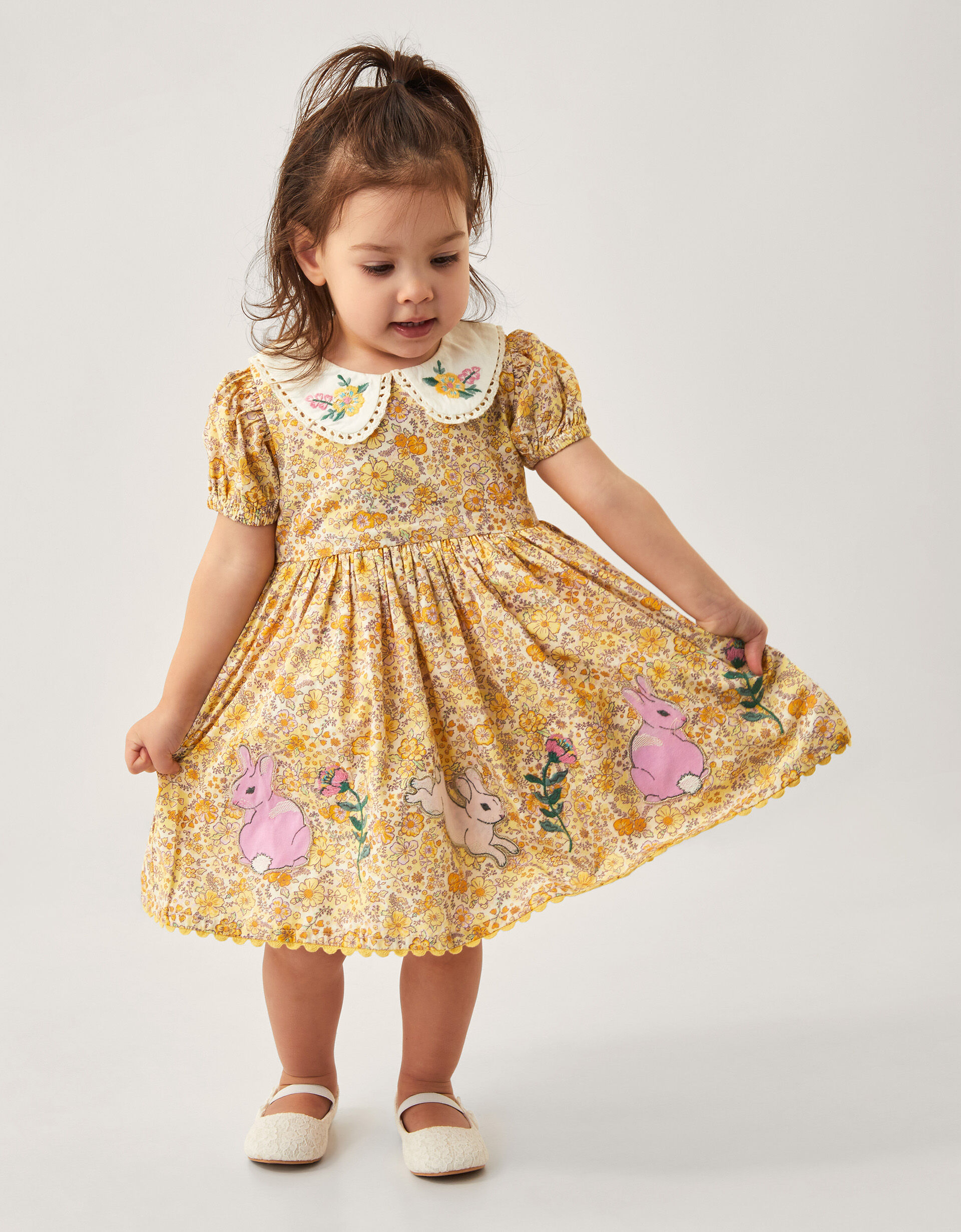 Baby Bunny Applique Floral Dress Yellow | Baby Girl Dresses