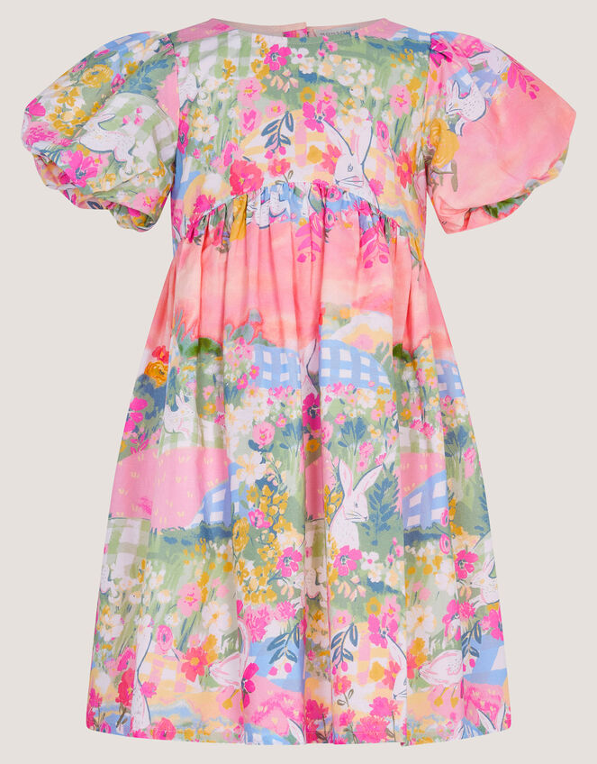 Bunny Scene Puff Sleeve Dress, Yellow (YELLOW), large