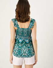 Shirred Panel Aztec Print Jersey Top , Teal (TEAL), large