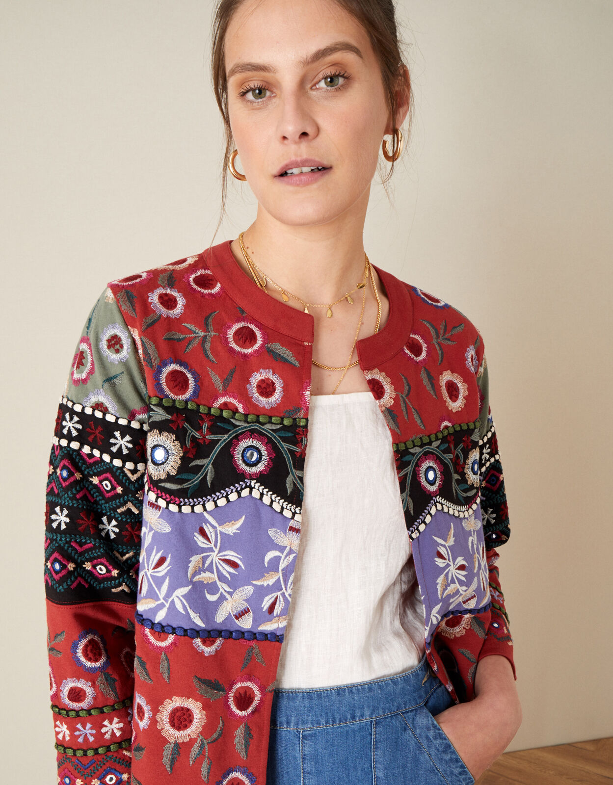 Embroidered Patchwork Jacket Red