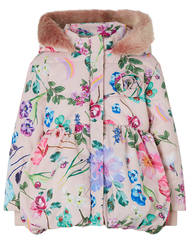 Baby Pixie Floral Padded Coat with Faux Fur Hood, Pink (PINK), large