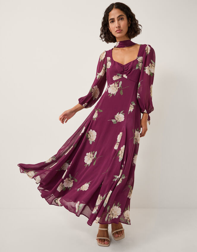 Amber Floral Print Midi Dress & Scarf, Red (BURGUNDY), large