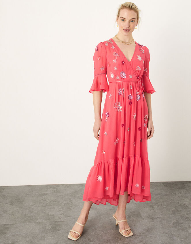 Aimee Embellished Wrap Dress in Recycled Polyester, Orange (PEACH), large