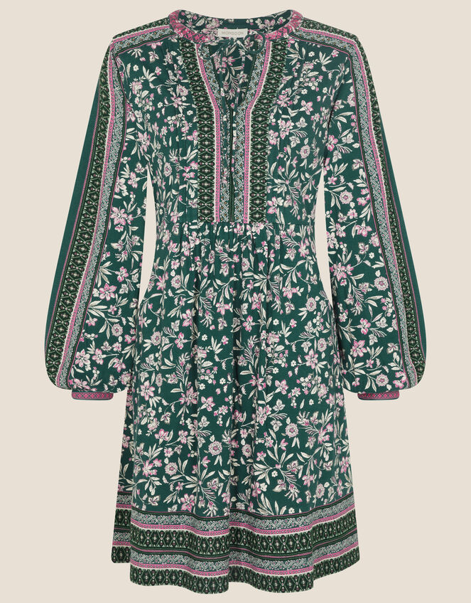 Floral Print Bead Jersey Short Dress, Green (GREEN), large