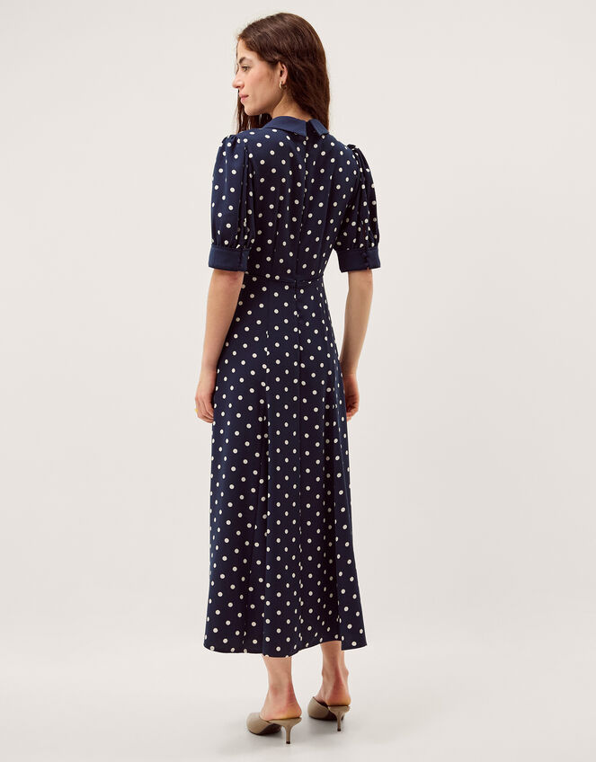 Kate Puff Sleeve Polka Dot Midi Dress, Blue (NAVY), large