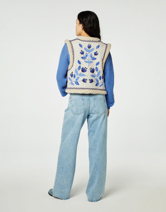 Fabienne Chapot Embroidered Borg Gilet, Blue (CORNFLOWER), large