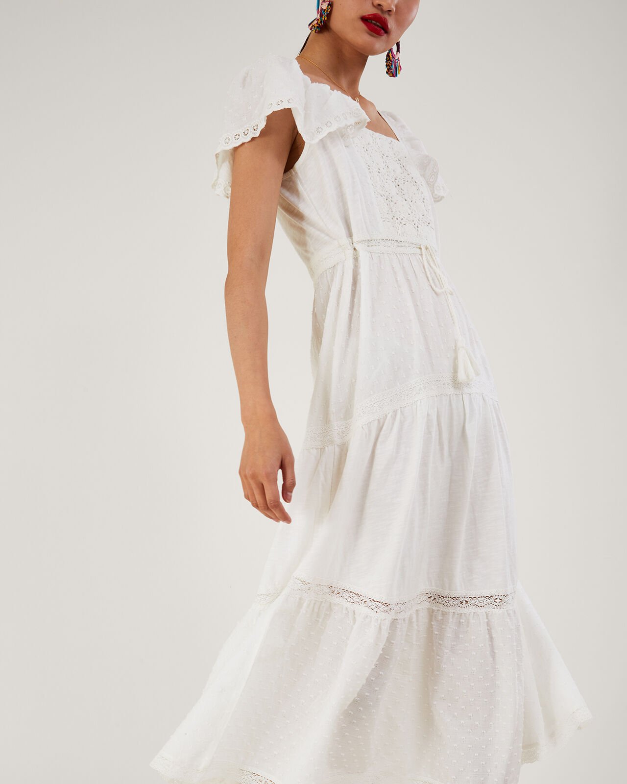 Woven Mixed Fabric Midi Dress White