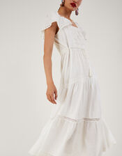 Square Neck Tiered Midi Dress, White (WHITE), large