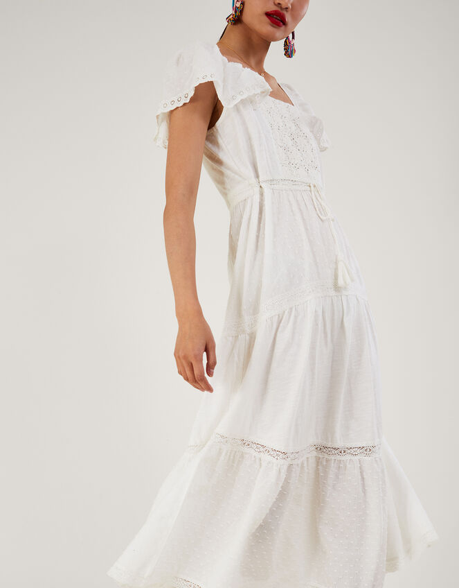 Square Neck Tiered Midi Dress, White (WHITE), large