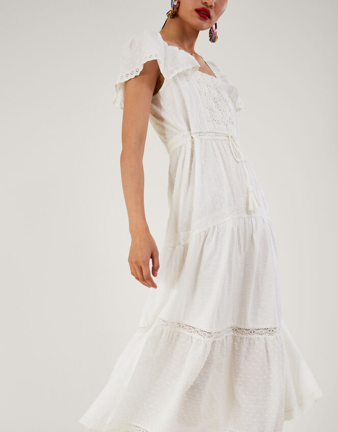 Woven Mixed Fabric Midi Dress, White (WHITE), large
