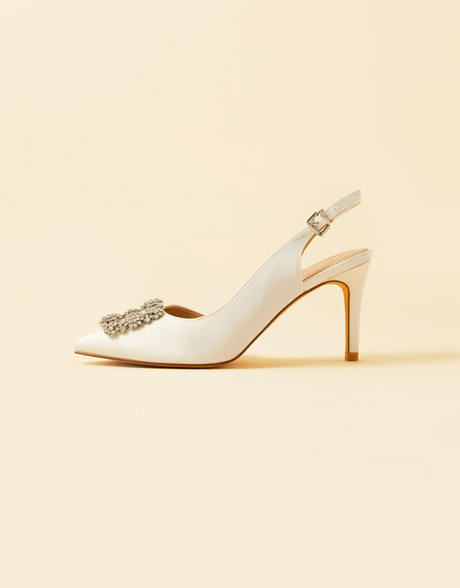 Diamante Trim Pointed Toe Slingback Heels, White (WHITE), large