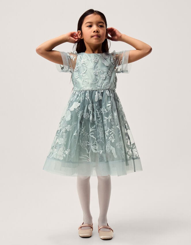 Montecarlo Floral Embroidered Party Dress, Green (SAGE), large