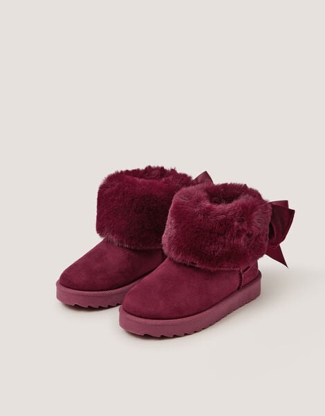 Velvet Bow Fluffy Ankle Boots, Red (BURGUNDY), large