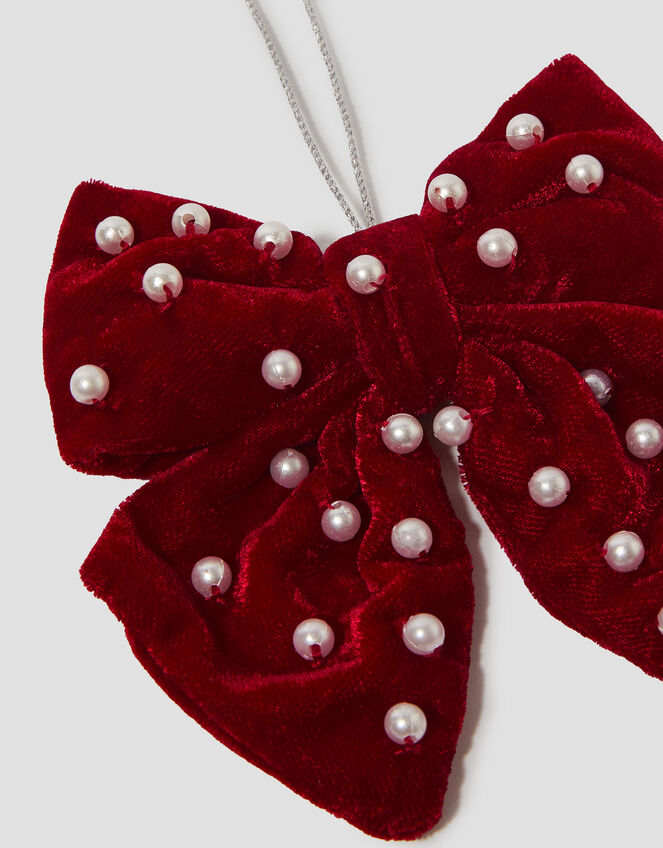 Embellished Pearl Bow Christmas Tree Decoration, Red (RED), large