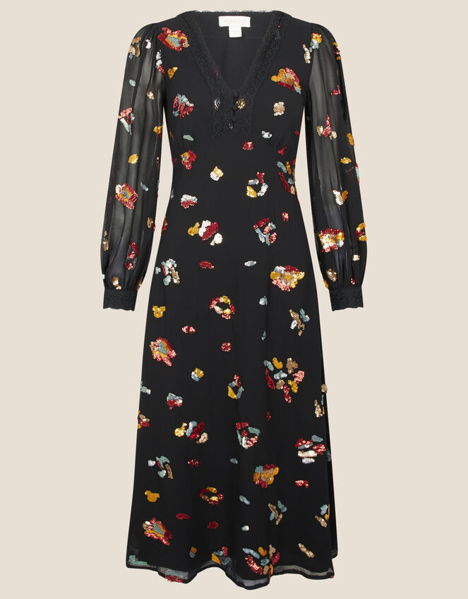 Sutton Animal Embellished Midi Dress in Recycled Polyester, Black (BLACK), large