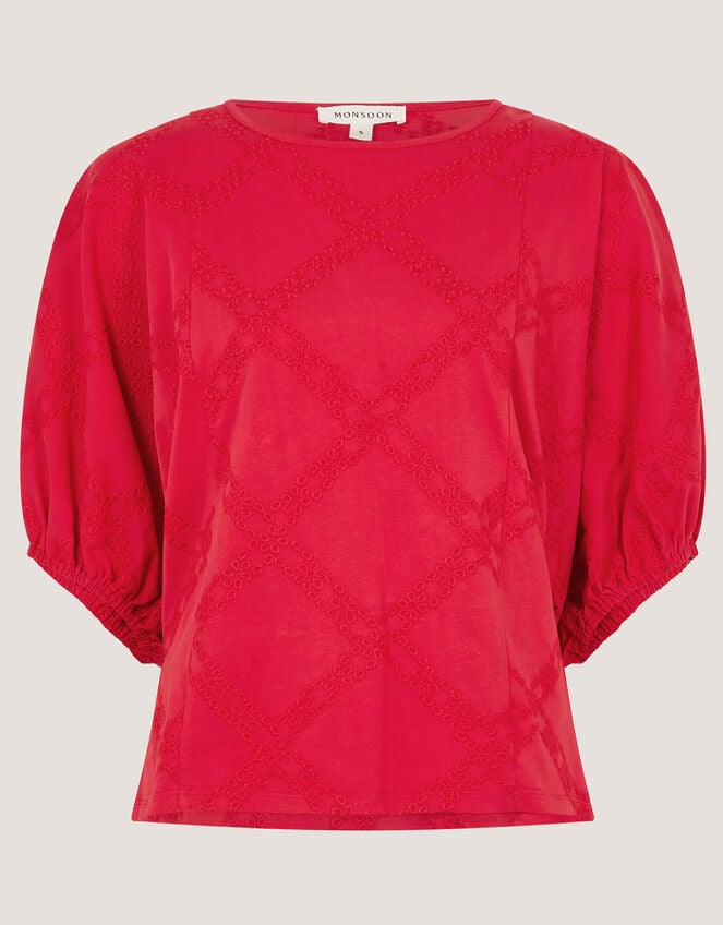 Ellie Puff Sleeve Embroidered Top, Red (RED), large