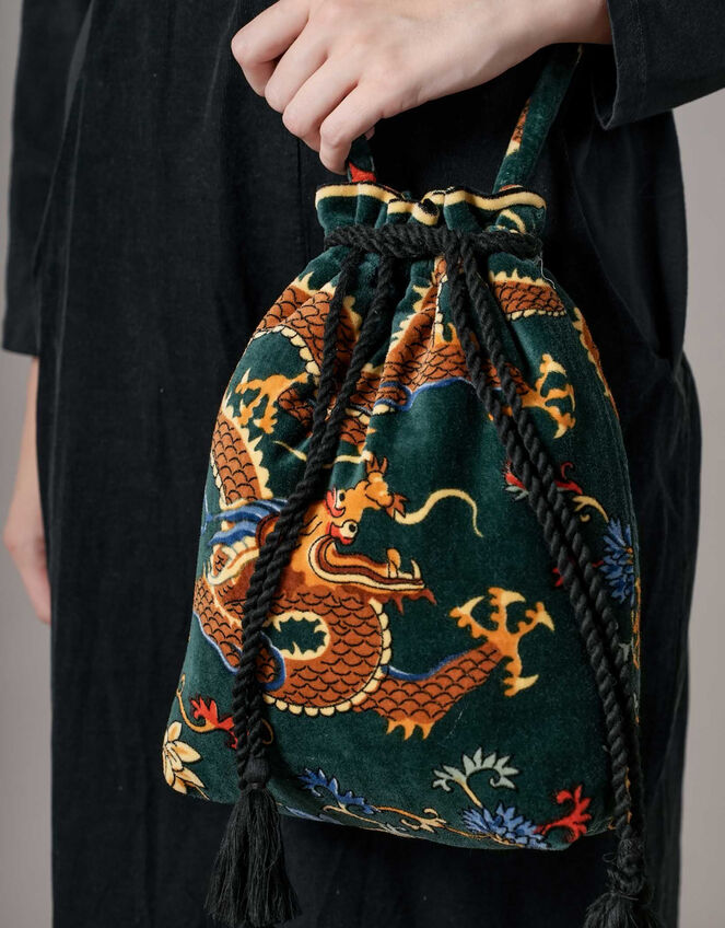One Hundred Stars Dragon Velvet Tassel Bag, Green (GREEN), large