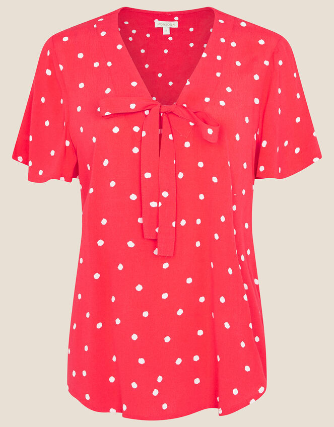 Spot Print Tie Front Top, Red (RED), large
