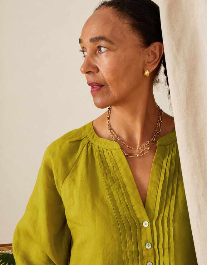 Linen Pintuck Blouse, Green (CHARTREUSE), large