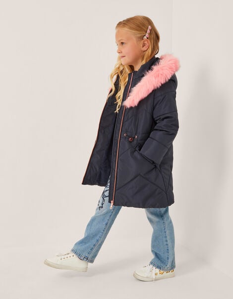 Hooded Faux Fur Puffer Coat, Blue (NAVY), large