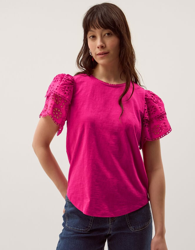 Bev Broderie Sleeve Jersey T-Shirt, Pink (PINK), large
