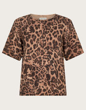 Amy Leopard Print Short Sleeve Sweater, Brown (BROWN), large
