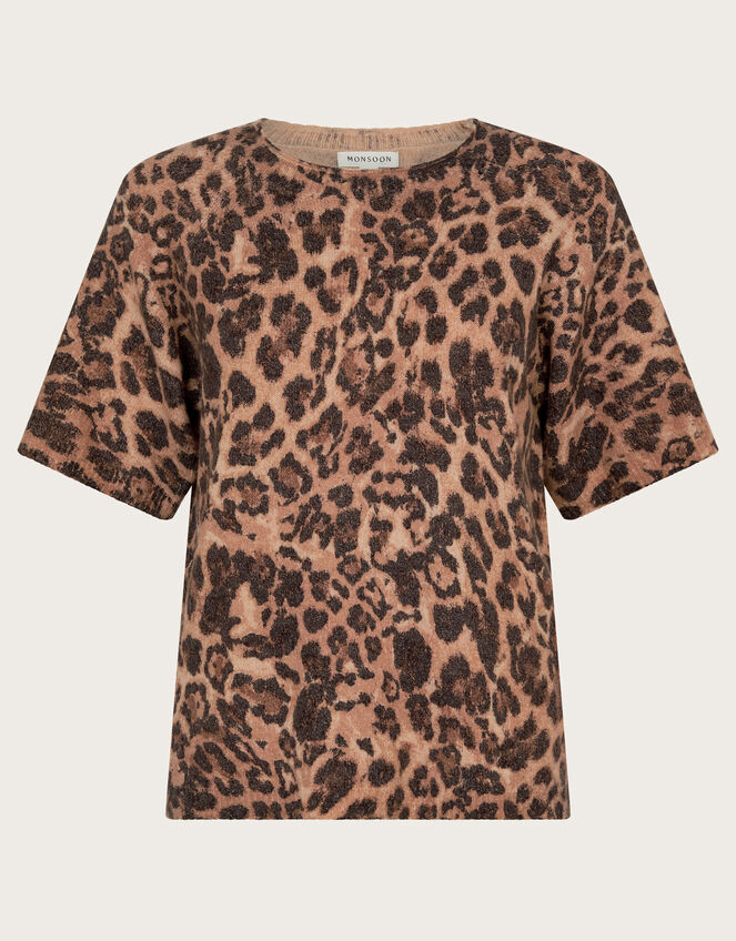 Amy Leopard Print Short Sleeve Sweater, Brown (BROWN), large
