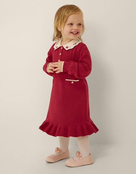 Baby Embroidered Cable Knit Dress, Red (BURGUNDY), large