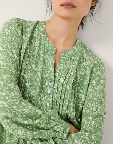 Tortie Floral Pintuck Blouse, Green (GREEN), large