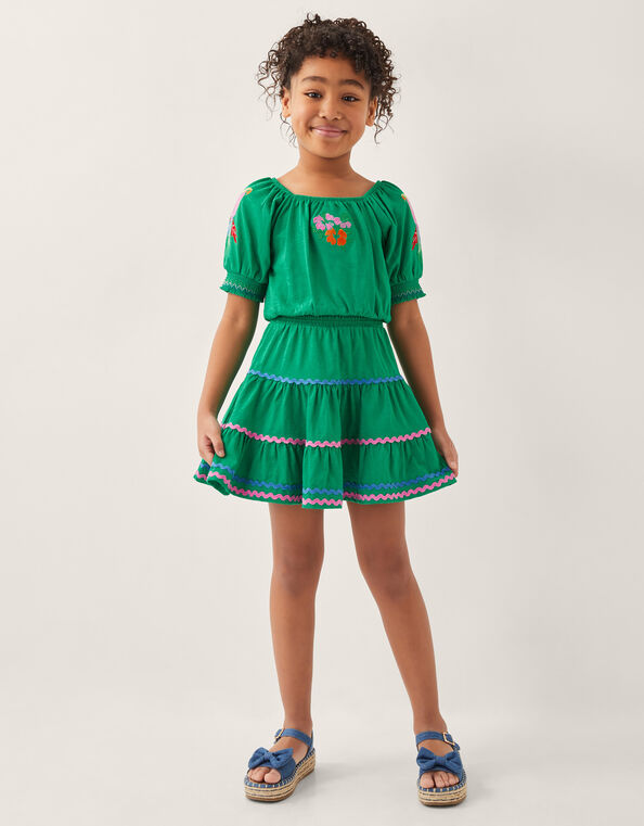 Embroidered Parrot Puff Sleeve Top, Green (GREEN), large