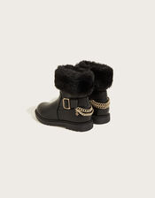 Faux Fur Trim Chain Heart Boots, Black (BLACK), large