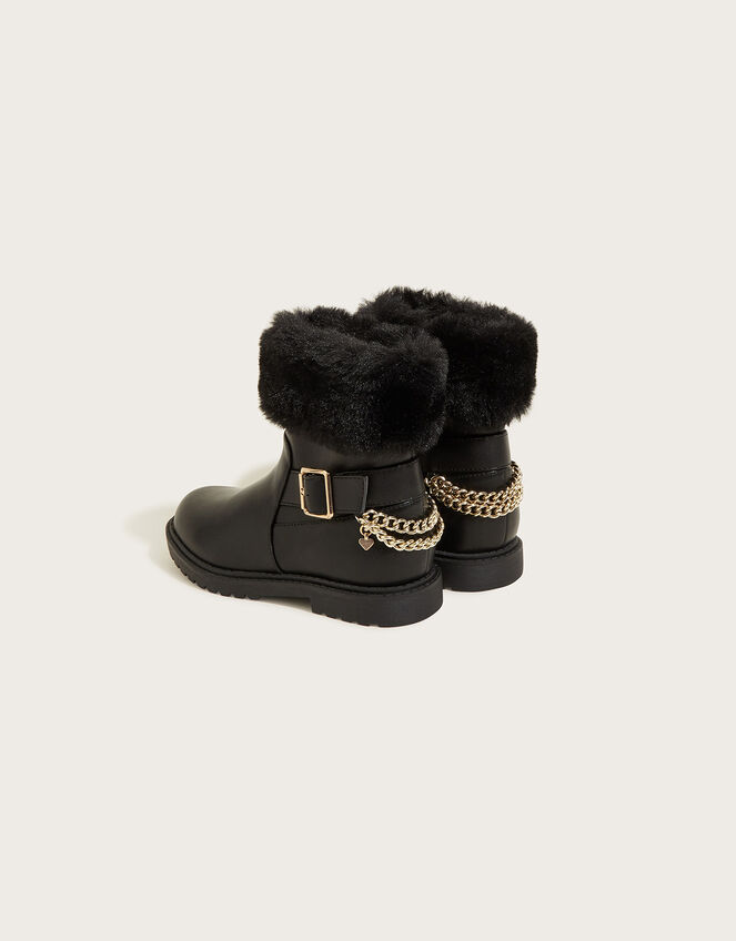 Faux Fur Trim Chain Heart Boots, Black (BLACK), large