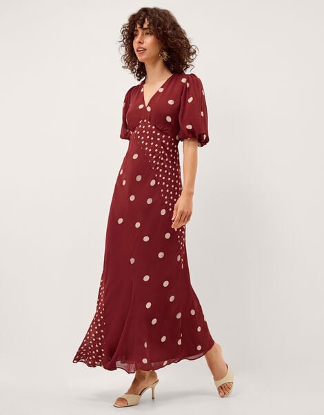 Amaya Puff Sleeve Polka Dot Maxi Dress, Red (BURGUNDY), large