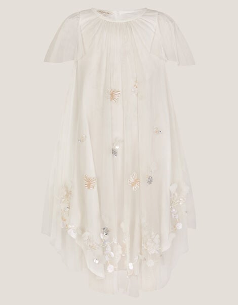 Butterfly Embellished Short Sleeve Swing Dress, Ivory (IVORY), large