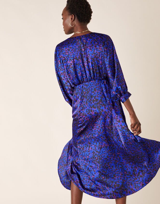 Animal Print Satin Midi Dress, Blue (BLUE), large