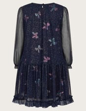 Long Sleeve Bow Print Mesh Dress, Blue (NAVY), large