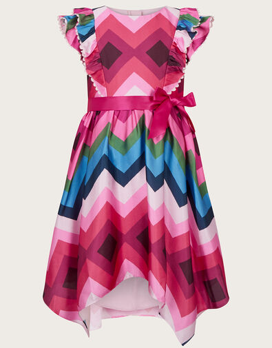 Zig-Zag Stripe Satin Frill Dress Multi, Multi (MULTI), large