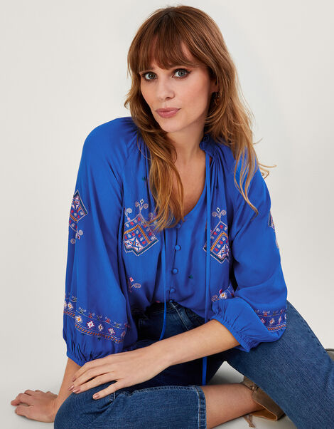Iva Embroidered Blouse in Sustainable Viscose Blue, Blue (BLUE), large