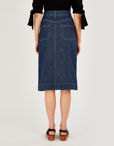 Denim Button Plain Skirt in Organic Cotton Blue, Blue (DENIM BLUE), large