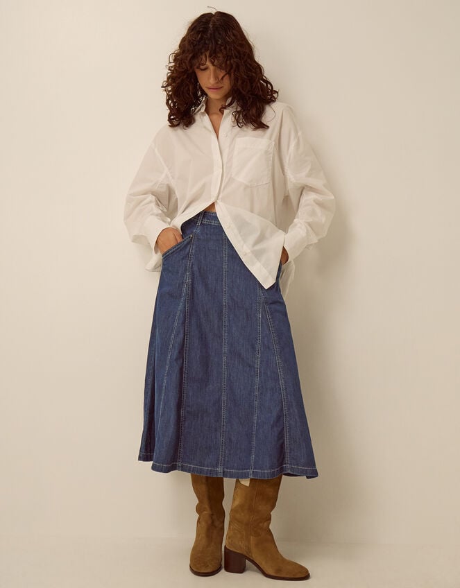 Harper Godet Denim Midi Skirt , Blue (INDIGO), large