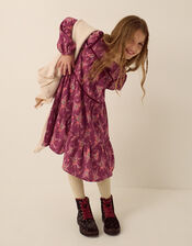 Long Sleeve Floral Print Dress, Red (BURGUNDY), large