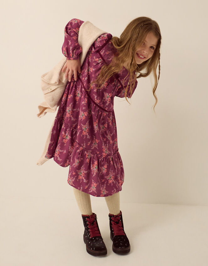 Long Sleeve Floral Print Dress, Red (BURGUNDY), large