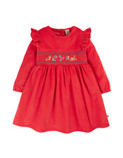 Frugi Ruffle Embroidered Christmas Dress, Red (RED), large