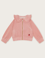 Frill Collar Velour Bomber Jacket, Pink (PALE PINK), large