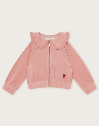 Frill Collar Velour Bomber Jacket, Pink (PALE PINK), large