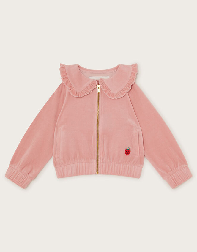 Frill Collar Velour Bomber Jacket, Pink (PALE PINK), large