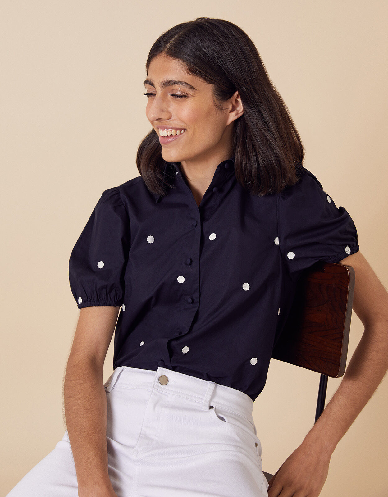 navy spot blouse